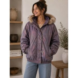 Vintage Innovations by Izzi Purple Abstract Parka Jacket Fox Fur Collar Size M